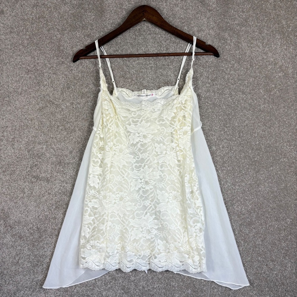 Victorias Secret Lace Babydoll Camisole Top Ivory White Large Chiffon Bow Back